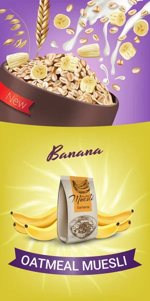 Płatki owsiane muesli reklamy. Realistyczne ilustracji wektorowych z musli owsiane z bananem. — Wektor stockowy