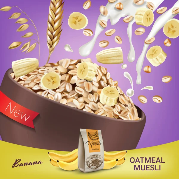 Płatki owsiane muesli reklamy. Realistyczne ilustracji wektorowych z musli owsiane z bananem. — Wektor stockowy