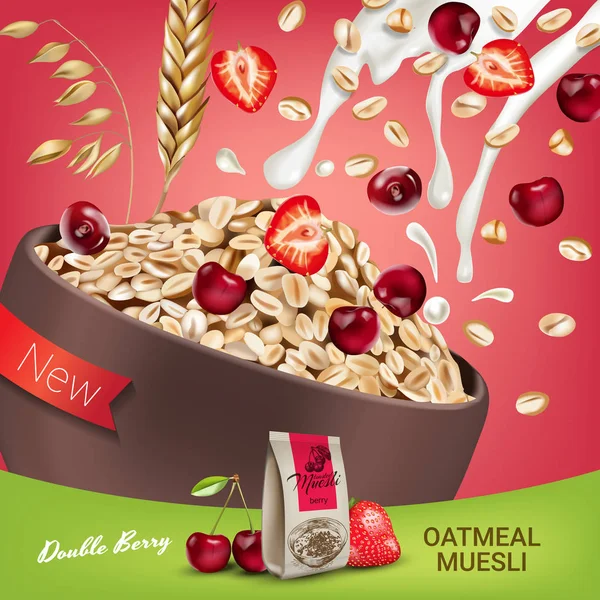Yulaflı müsli reklamlar. Vektör Çift Kişilik berry müsli yulaf ezmesi gerçekçi çizim.