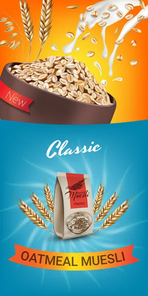 Yulaflı müsli reklamlar. Yulaflı müsli vektör gerçekçi çizim.