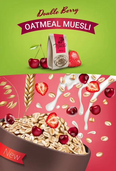 Płatki owsiane muesli reklamy. Realistyczne ilustracji wektorowych z musli owsiane z podwójnego berry. — Wektor stockowy