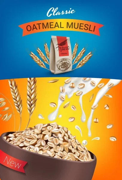 Yulaflı müsli reklamlar. Yulaflı müsli vektör gerçekçi çizim.