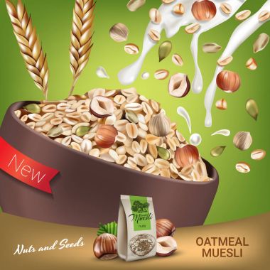 Yulaflı müsli reklamlar. Yulaflı müsli ile fındık ve tohum vektör gerçekçi çizim.