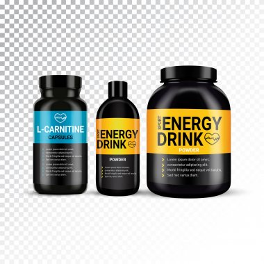 Vektör gerçekçi çizim kutular ile çeşitli tip-in spor ve beslenme.