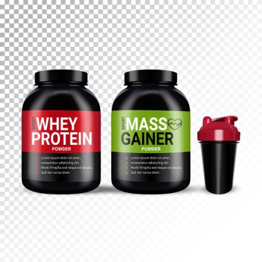 Vektör shaker ve kutular gerçekçi çizimi ile çeşitli tip-in spor ve beslenme.