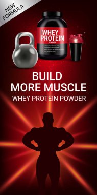 Protein kokteyl reklamlar. Teneke gerçekçi illüstrasyon vektör ve peynir altı suyu protein tozu ile sallamak.