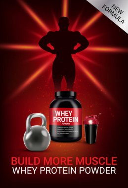 Protein kokteyl reklamlar. Teneke gerçekçi illüstrasyon vektör ve peynir altı suyu protein tozu ile sallamak.