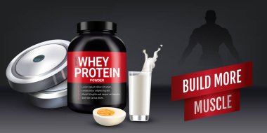 Protein kokteyl reklamlar. Kutu peynir altı suyu protein tozu ile vektör gerçekçi çizim.
