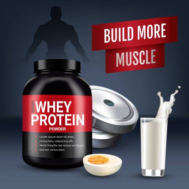 Protein kokteyl reklamlar. Kutu peynir altı suyu protein tozu ile vektör gerçekçi çizim.