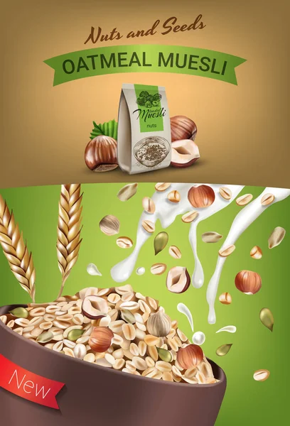 Oatmeal muesli ads. Vector realistic illustration of oatmeal muesli with nuts and seeds. — Stock Vector