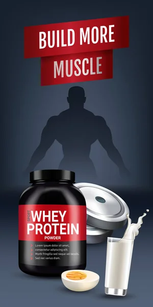 タンパク質カクテル広告。ホエー蛋白質粉体を缶のベクトルのリアルなイラスト. — ストックベクタ