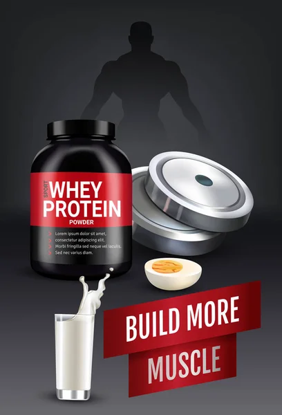 Anúncios de cocktail de proteínas. Ilustração realista vetorial de latas com pó de proteína de soro de leite . — Vetor de Stock