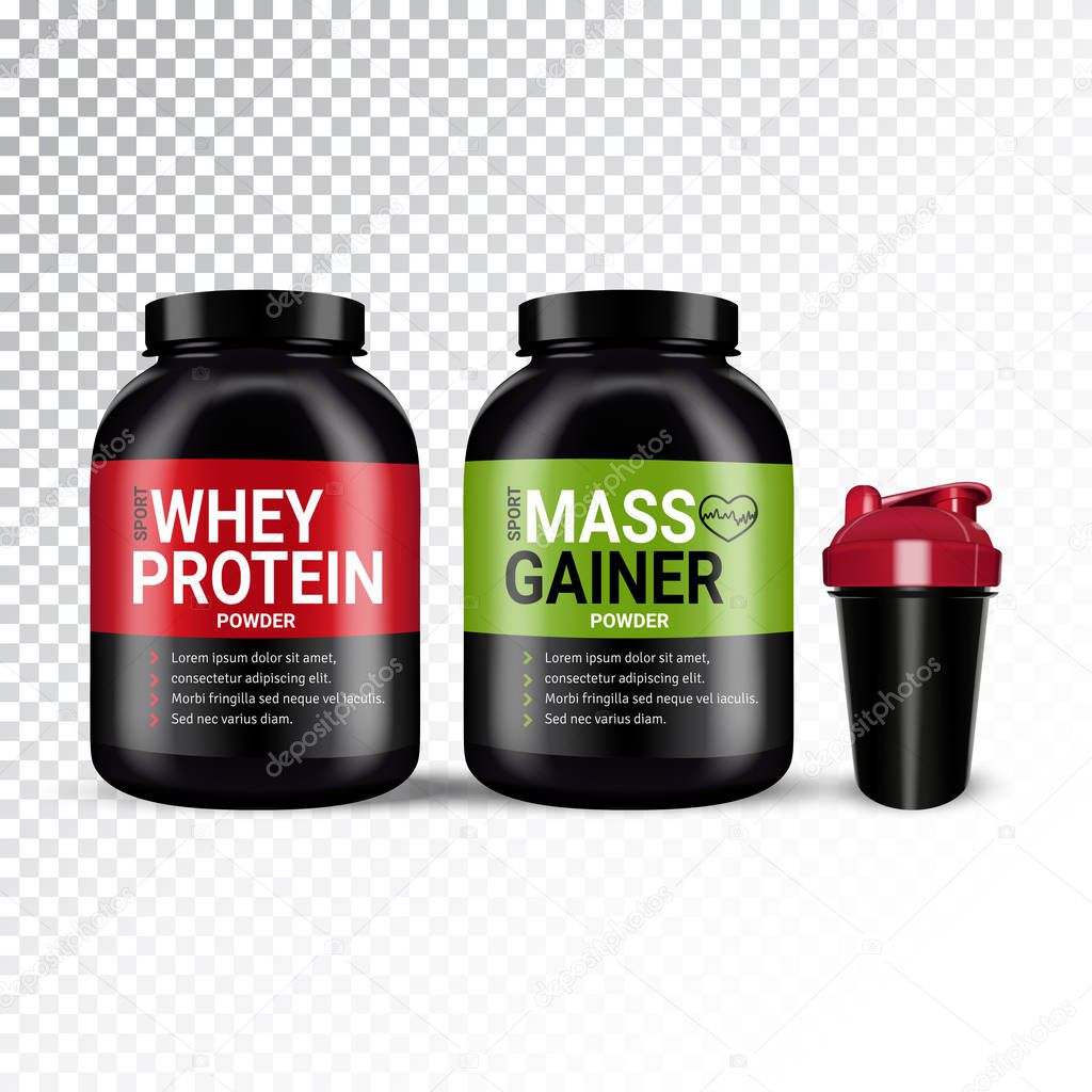 Vector realistic illustration of shaker and cans with various types of sports nutrition.