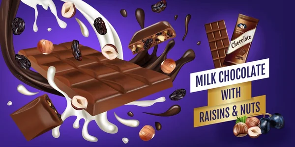 Vetor ilustração realista de chocolate ao leite com avelã e passas . — Vetor de Stock