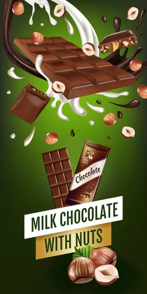 Realistische vectorillustratie van melkchocolade met hazelnoot. — Stockvector