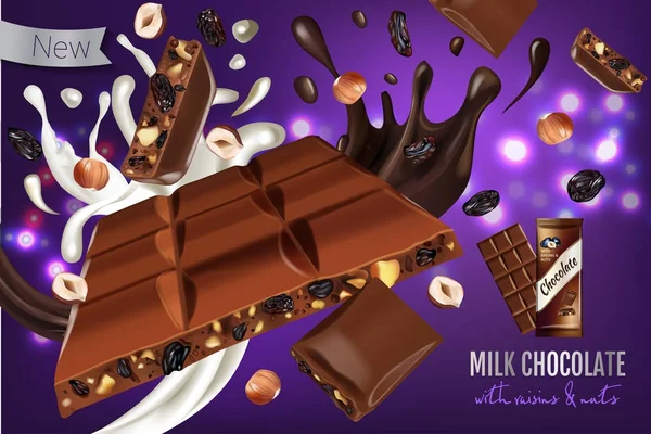 Διάνυσμα ρεαλιστική απεικόνιση της σοκολάτας γάλακτος με φουντούκια και σταφίδες. — Διανυσματικό Αρχείο