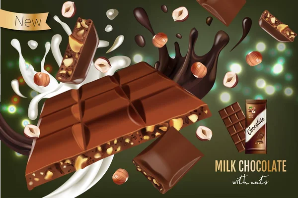 Διάνυσμα ρεαλιστική απεικόνιση του γάλακτος σοκολάτα με φουντούκι. — Διανυσματικό Αρχείο