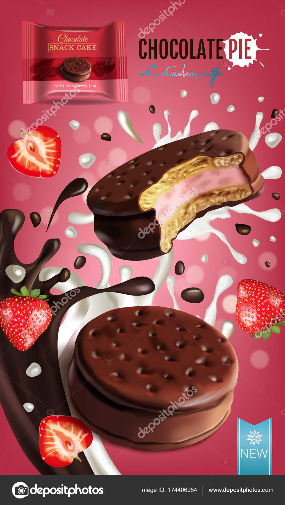 Vektör gerçekçi çizim ile süt ve çilekli sufle Çikolata pasta. Yatay