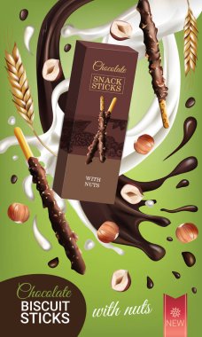 Çikolata Bisküvi vektör gerçekçi çizim fındık ile sopa.