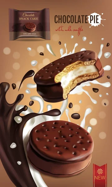 Vektor realistisk illustration av choklad paj med mjölk souffle. — Stock vektor