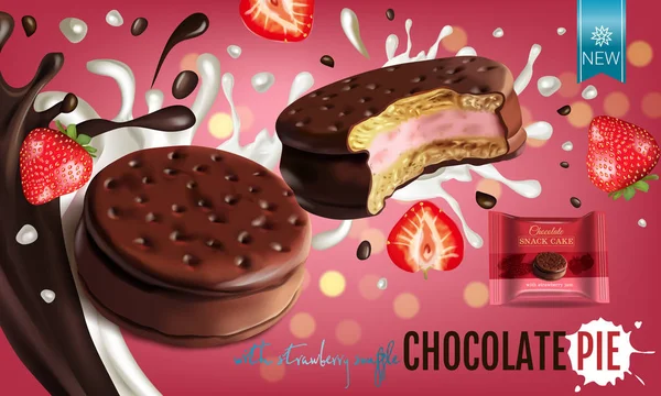 Illustrazione realistica vettoriale di torta di cioccolato con latte e soufflé di fragole . — Vettoriale Stock