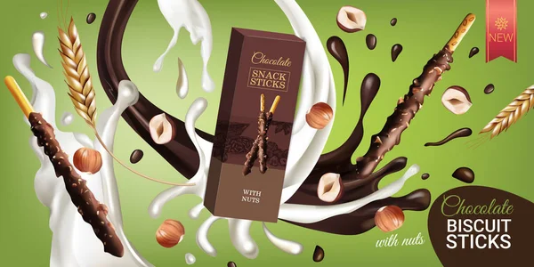 Vektor realistisk illustration av chokladkex pinnar med hasselnötter. — Stock vektor