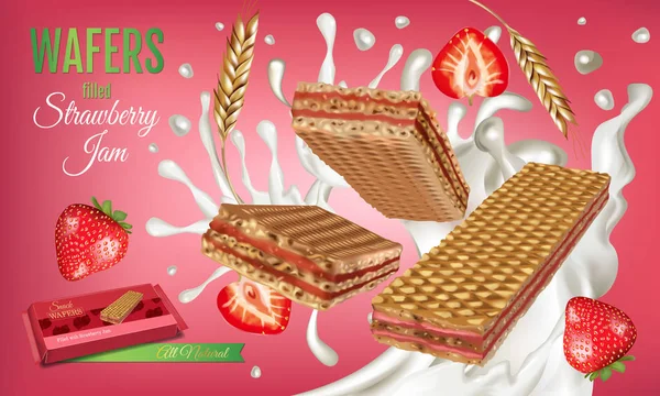 Illustration vectorielle réaliste de galettes de lait à la crème de fraise . — Image vectorielle