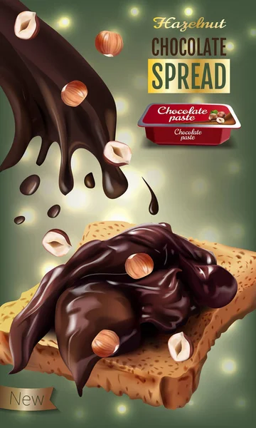 Ilustração realista vetorial da propagação do chocolate ao leite com avelãs . — Vetor de Stock