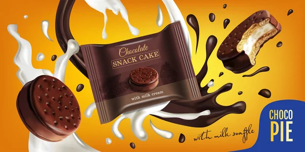Ilustración realista vectorial de pastel de chocolate con soufflé de leche . — Vector de stock