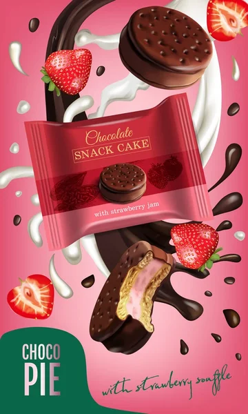 Ilustración realista vectorial de pastel de chocolate con leche y soufflé de fresa . — Vector de stock