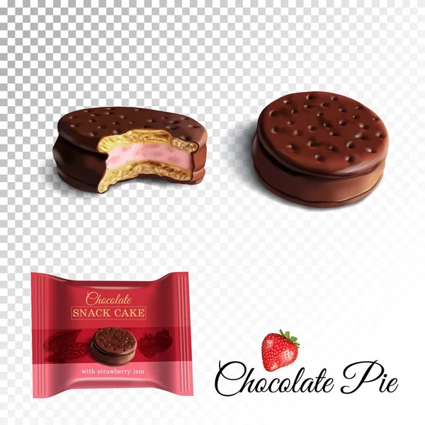 Vektör gerçekçi çizim ile süt ve çilekli sufle Çikolata pasta.