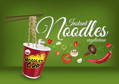 Anlık fincan erişte vejetaryen. Vektör çizimi Çin ve Tayvan şehriye izole. Japon ramen lokanta. Şehriye çubuklarla. Yeşil arka plan üzerinde Asya erişte gerçekçi Kupası.