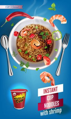 Karides ile anlık fincan erişte... Vektör çizimi Çin ve Tayvan şehriye izole. Japon ramen lokanta. Makarna ve spagetti yemek. Mavi arka plan üzerinde Asya erişte gerçekçi Kupası.