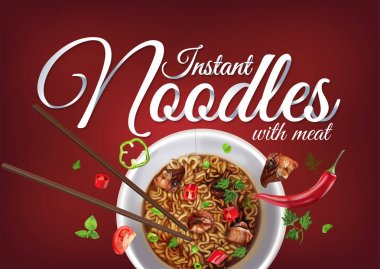 Et ile anlık fincan erişte. Vektör çizimi Çin ve Tayvan şehriye izole. Japon ramen lokanta. Şehriye çubuklarla. Kırmızı bir arka plan üzerinde Asya erişte gerçekçi Kupası.