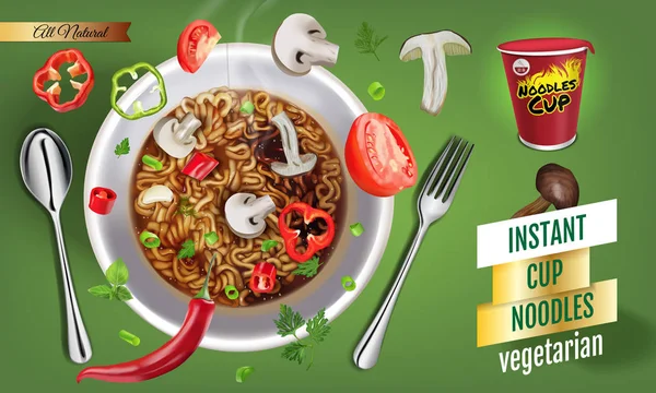 Άμεση φλιτζάνι noodles χορτοφάγος. Διάνυσμα απομονωμένες εικονογράφηση της Κίνας και Ταϊβάν μανέστρα. Ιαπωνικά ramen φαστ φουντ. Ζυμαρικά και τρώγοντας μακαρόνια. Ρεαλιστική φλιτζάνι τρώ σε πράσινο φόντο — Διανυσματικό Αρχείο