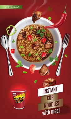 Et ile anlık fincan erişte. Vektör çizimi Çin ve Tayvan şehriye izole. Japon ramen lokanta. Makarna ve spagetti yemek. Kırmızı bir arka plan üzerinde Asya erişte gerçekçi Kupası.