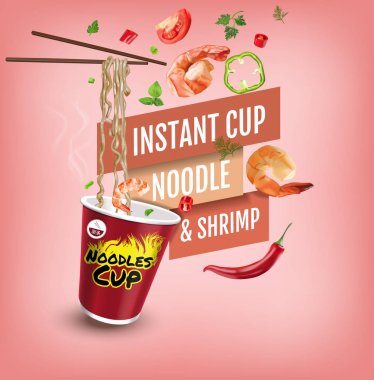Vektör gerçekçi çizim karides ile anlık fincan erişte. Karides ile anlık fincan erişte. Vektör çizimi Çin ve Tayvan şehriye izole. Japon ramen lokanta. Şehriye çubuklarla. Gerçekçi pembe geri Asya şehriye fincan