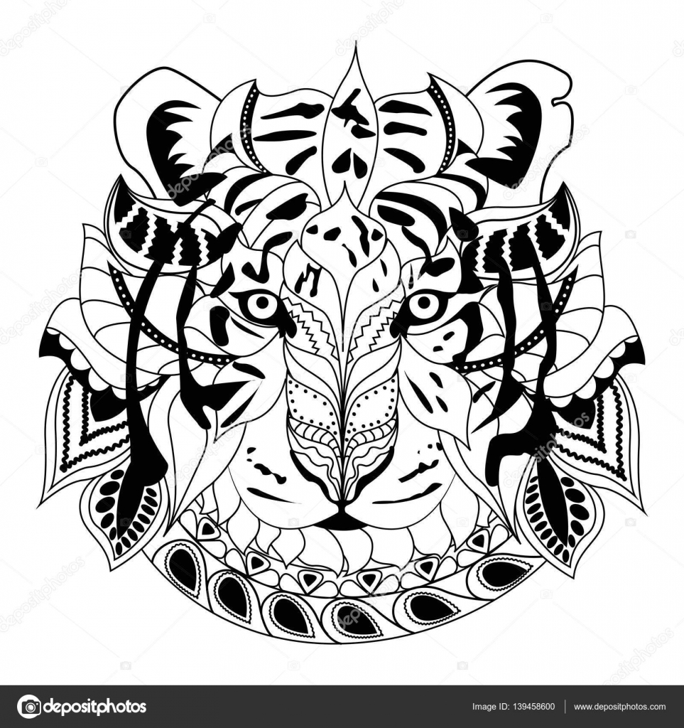 Linea arte a mano disegno tigre nera isolata su priorit  bassa bianca Stile di Doodle Tatoo Zenart Zentangle Coloring per gli adulti