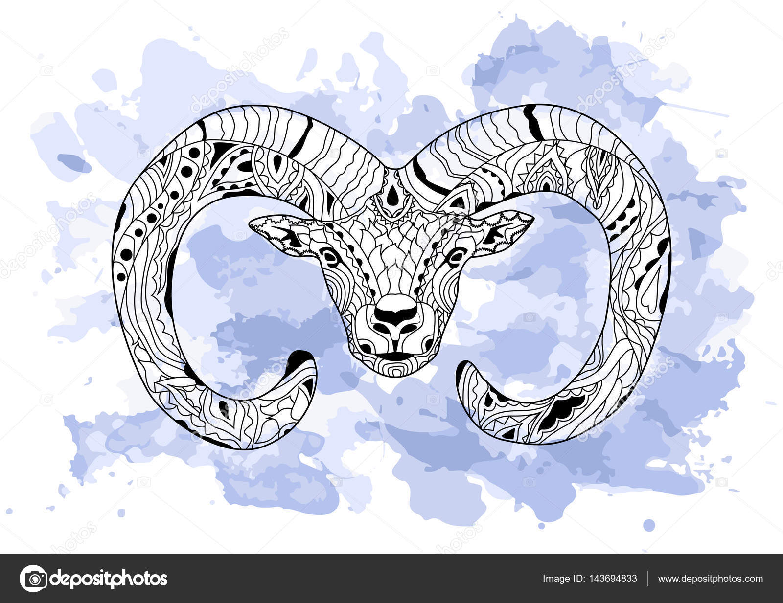 Linea arte ram disegno nero su fondo bianco con le macchie dell acquerello blue a mano Stile di Doodle Tatoo Zenart Zentangle Coloring per gli adulti