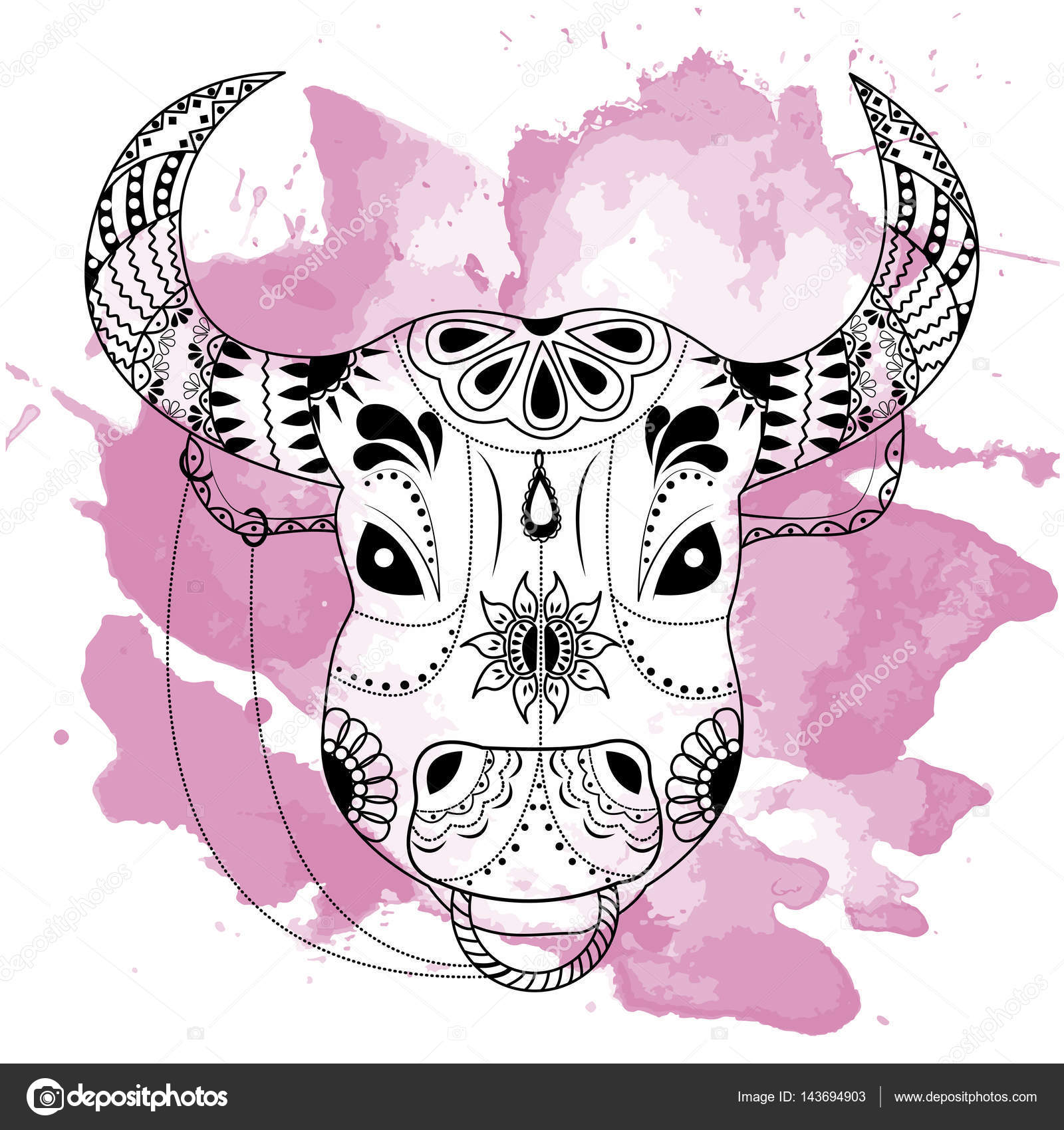 disegno toro nero isolato su priorit  bassa bianca con le macchie di acquerello rosa Stile di Doodle Tatoo Zenart Zentangle Coloring per gli adulti