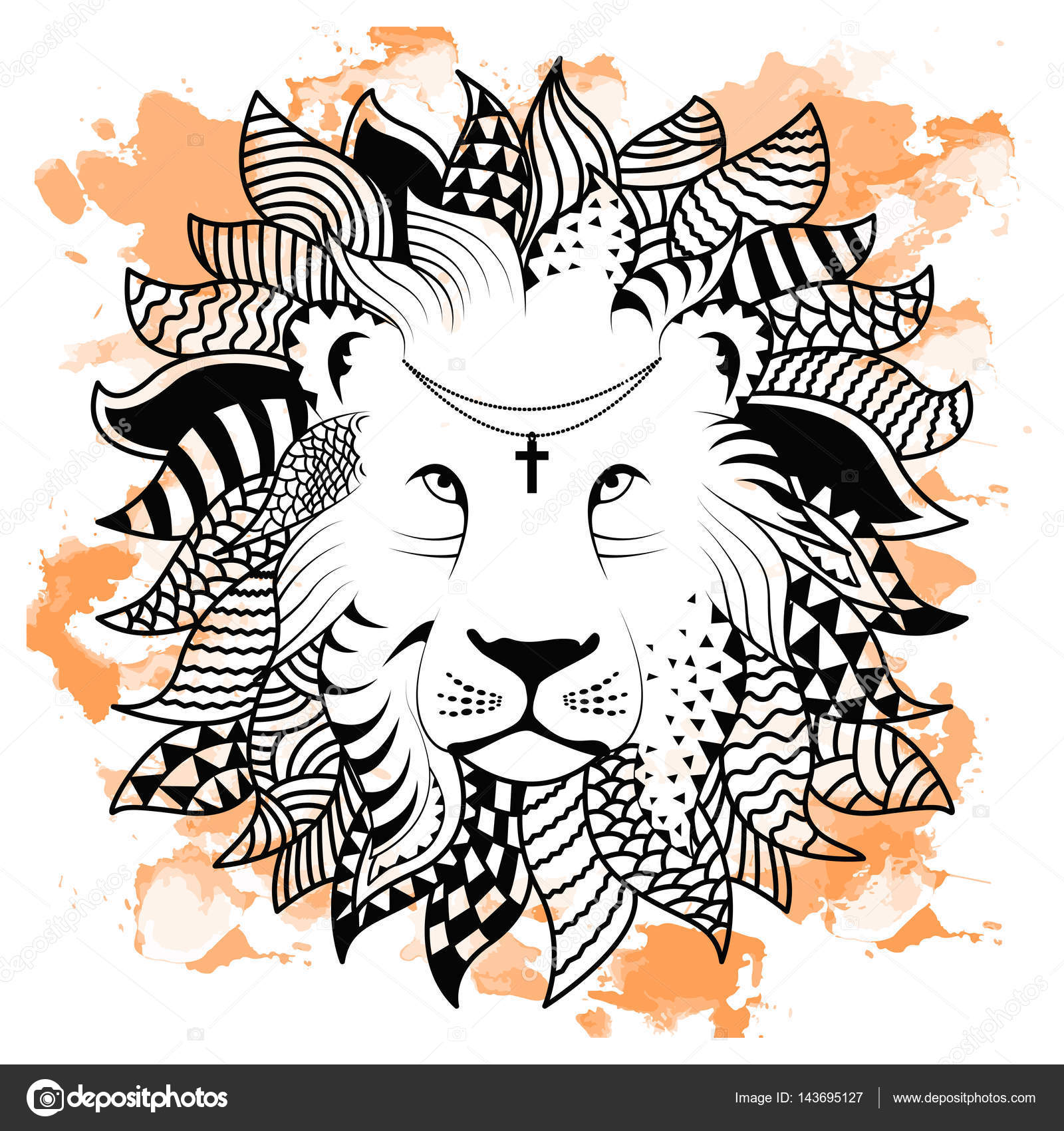 Linea arte mano disegno leone nero isolato su priorit  bassa bianca con le macchie dell acquerello arancione Stile di Doodle Tatoo Zenart Zentangle