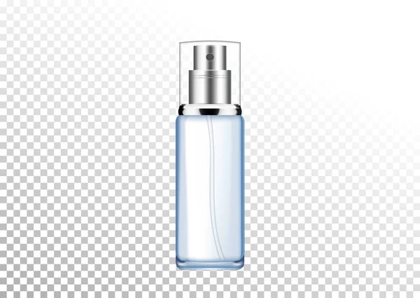 Vector empty silver and blue package for cosmetic products with pump, tube for lotion, tonic, cream. Realistic mockup of glass container with batcher isolated on white-transparent background.