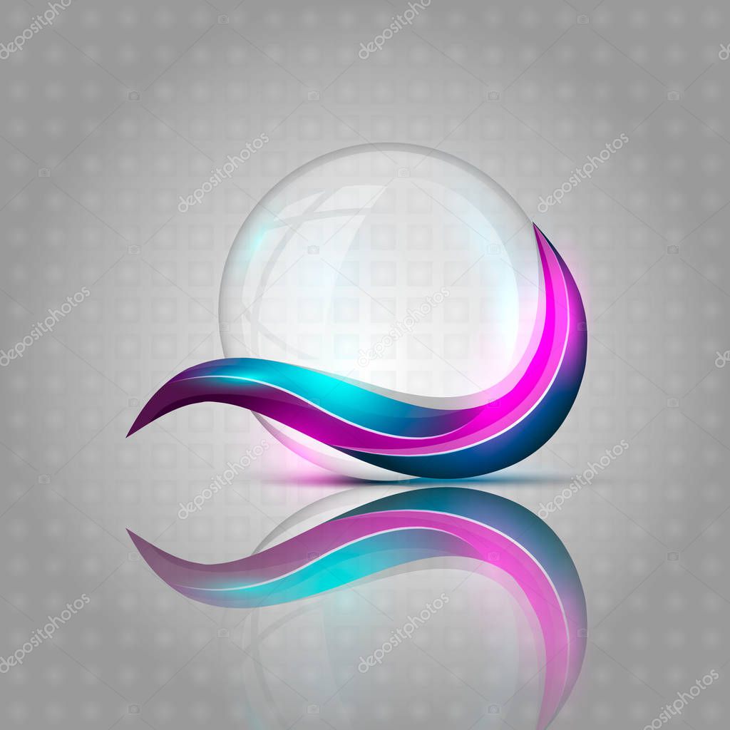 Vector illustration of transparent sphere logo with purple and blue wavy lines.