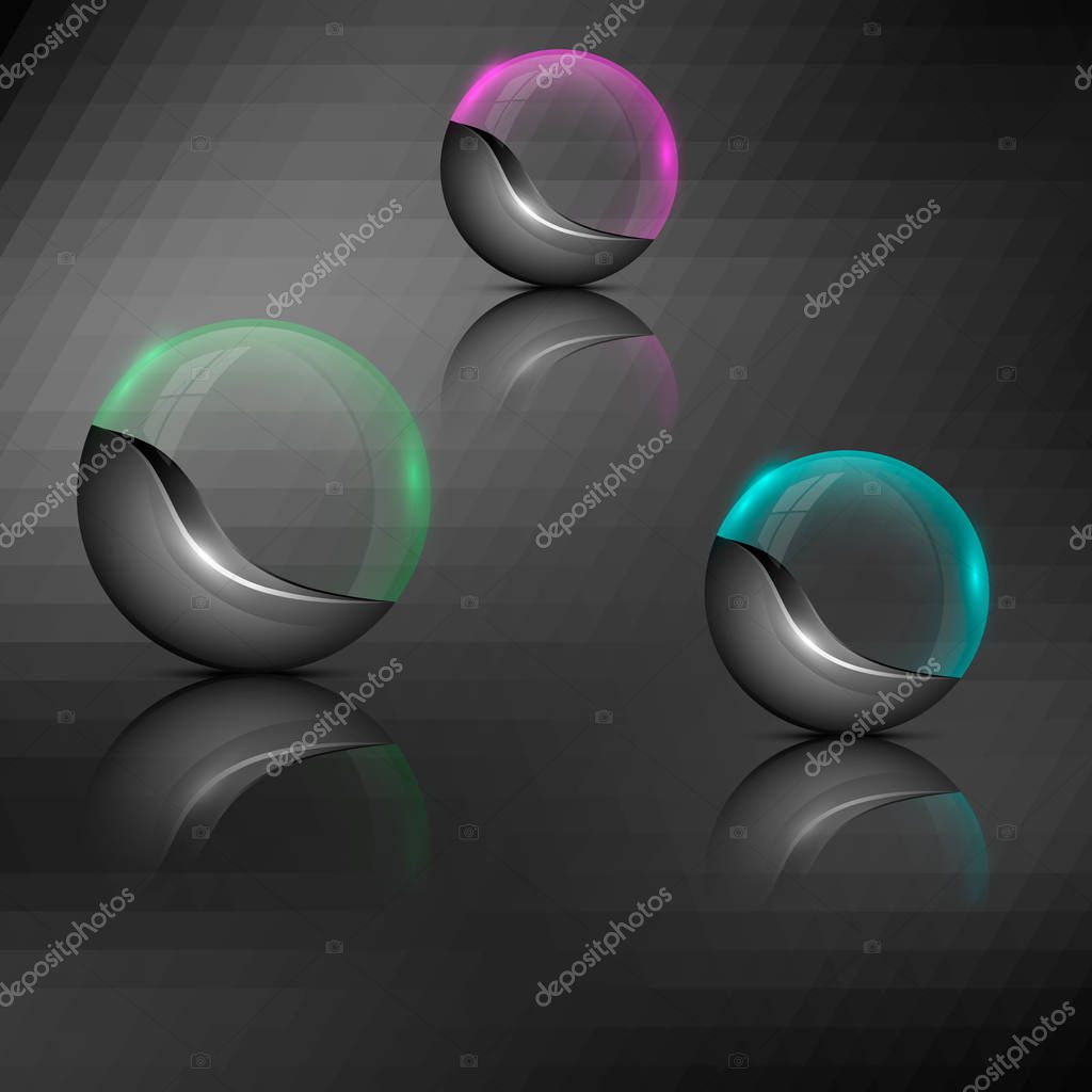 Vector illustration of different colored illuminated circle emblems with dark bottom.