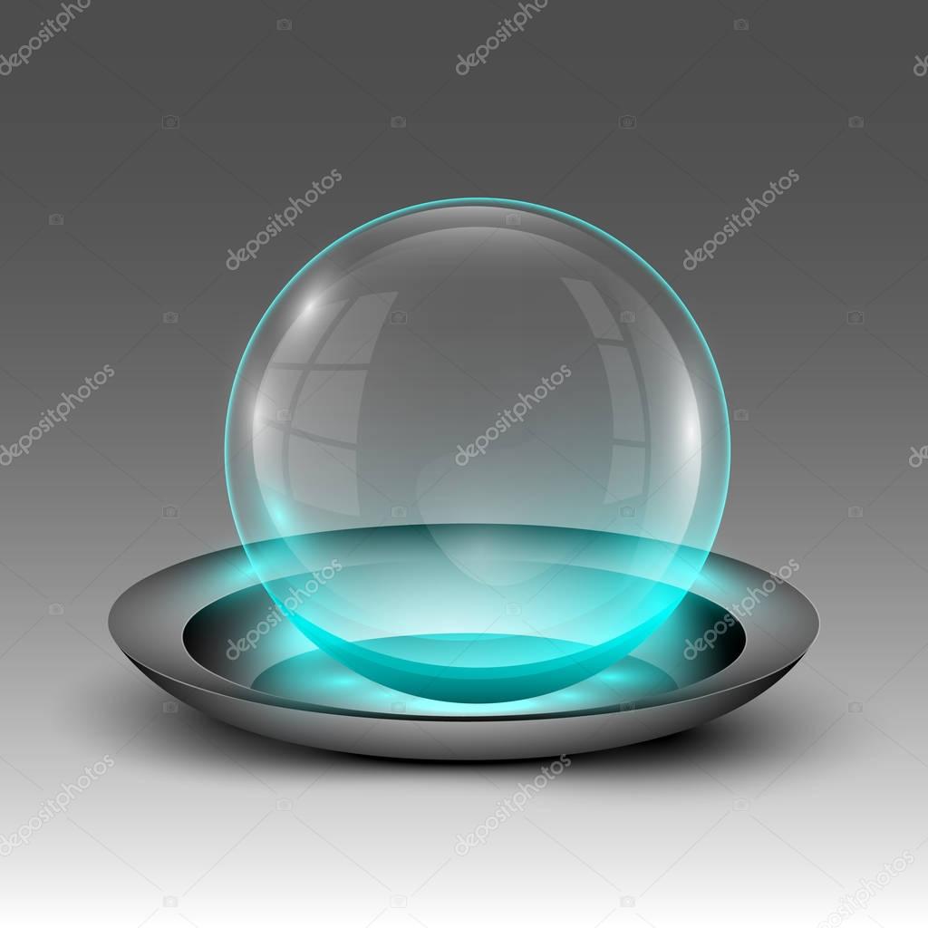 Vector illustration of clear turquoise illuminated sphere on plate emblem.