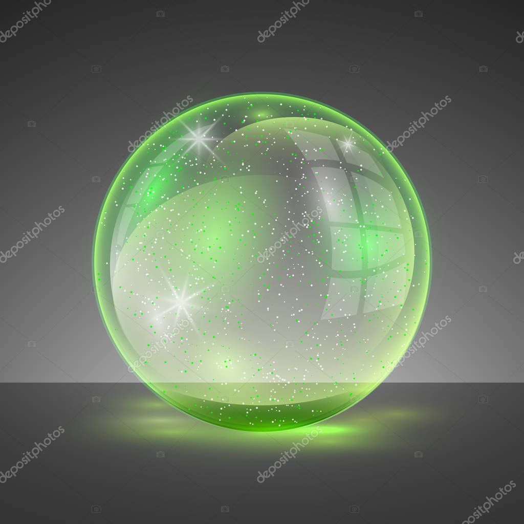 3d green sphere.Vector illustration of transparent clear shiny crystal ball logo.