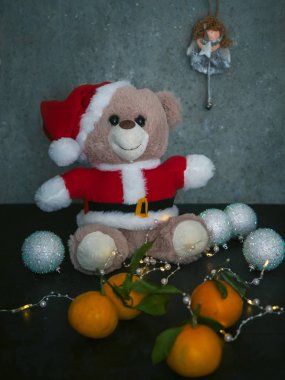 Noel ve yeni yıl için Noel kartı Noel Baba kostümlü bir ayıyla.