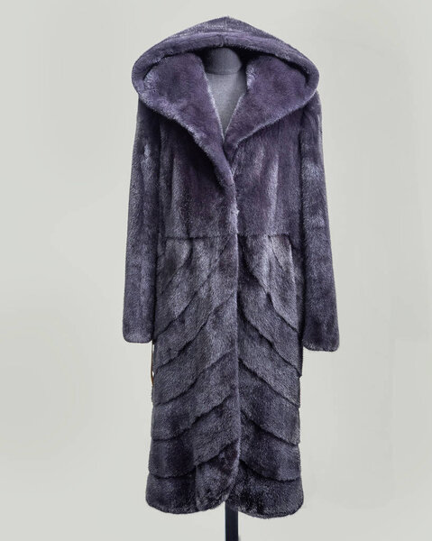 Mink coat lilac gray with decorative skirt oblique stripes fur hooded, vertical frame