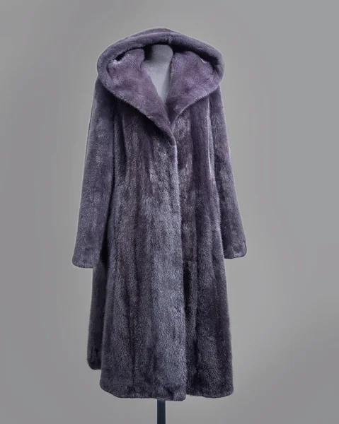 Mink coat gray-lilac color with hood and flared skirt Horizontal frame