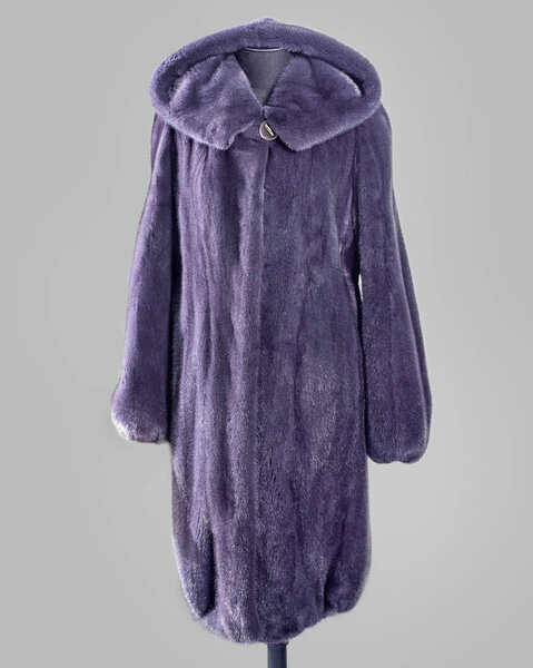 Lilac mink fur coat with hood, sleeves and hem with decoration in the style of Tulip